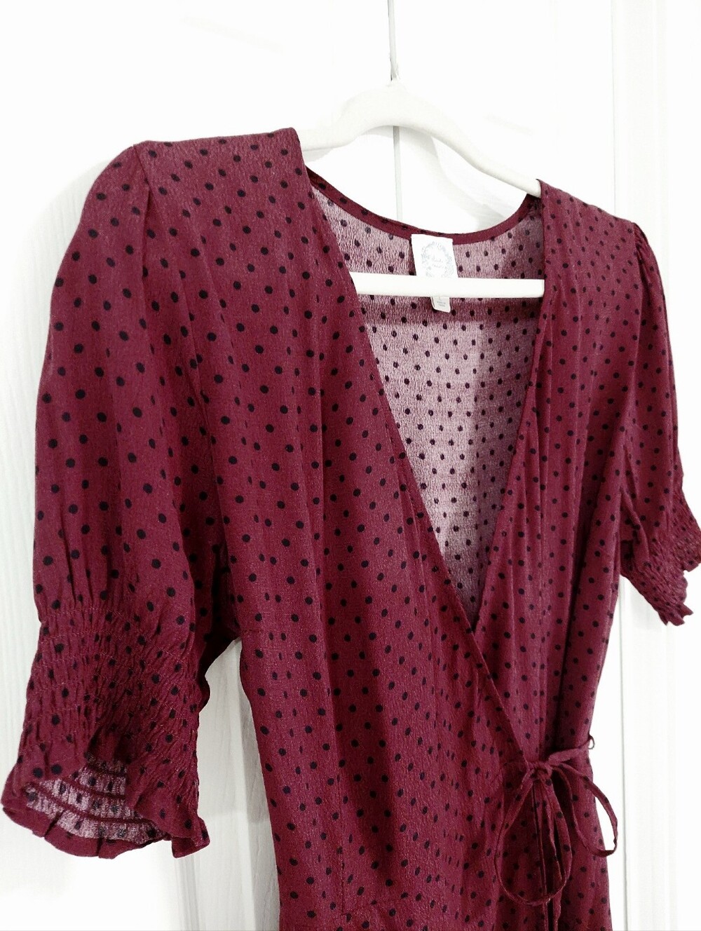 Blue Rain Wrap Dress, Size Large, Burgundy Polka-dot, Ruffle Hem - Picture 5 of 9